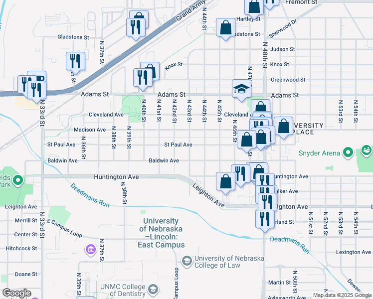 map of restaurants, bars, coffee shops, grocery stores, and more near 2636 North 43rd Street in Lincoln