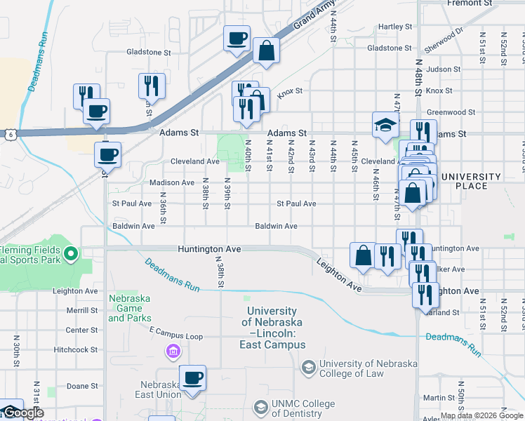 map of restaurants, bars, coffee shops, grocery stores, and more near 4043 Saint Paul Avenue in Lincoln