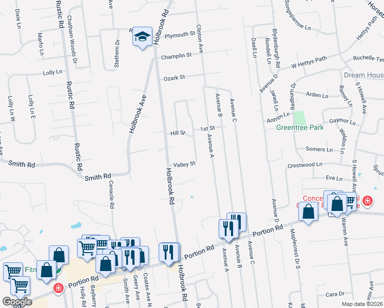 map of restaurants, bars, coffee shops, grocery stores, and more near 26 Valley Street in Ronkonkoma