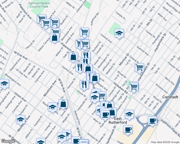 map of restaurants, bars, coffee shops, grocery stores, and more near 3 Laurel Place in East Rutherford