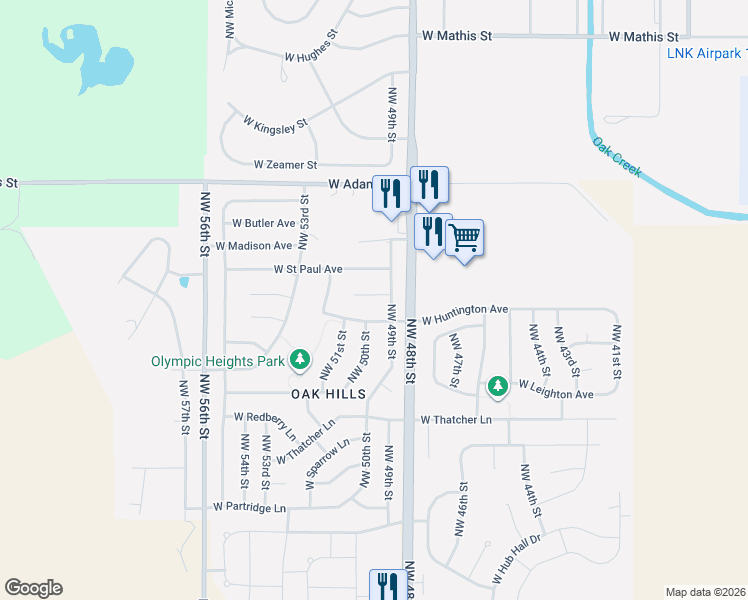 map of restaurants, bars, coffee shops, grocery stores, and more near 4921 West Champion Court in Lincoln