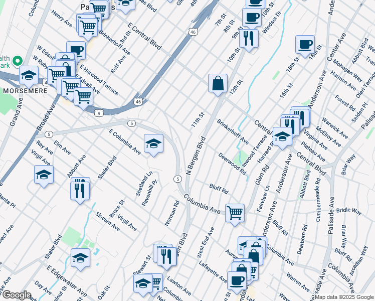 map of restaurants, bars, coffee shops, grocery stores, and more near 104 Princeton Lane in Palisades Park
