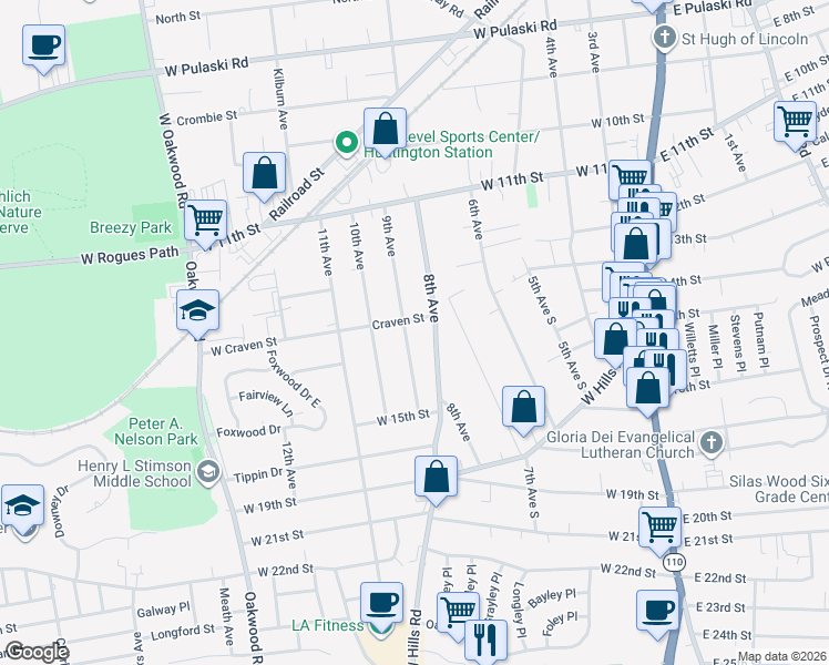 map of restaurants, bars, coffee shops, grocery stores, and more near 50 9th Avenue in Huntington Station