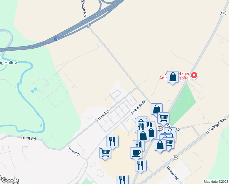 map of restaurants, bars, coffee shops, grocery stores, and more near Greensboro Circle in Centre County