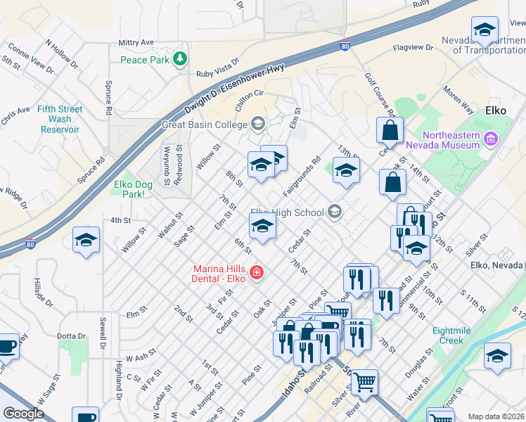 map of restaurants, bars, coffee shops, grocery stores, and more near 772 Maple Street in Elko