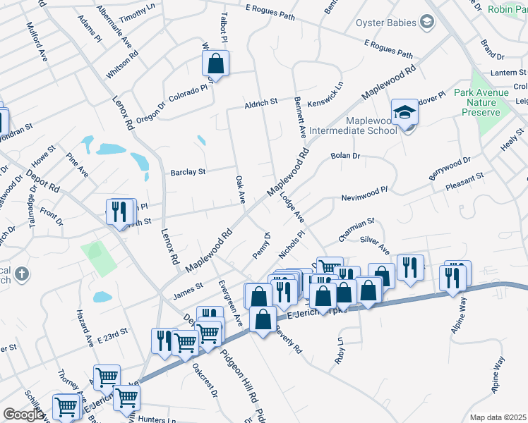 map of restaurants, bars, coffee shops, grocery stores, and more near 3 Leghorn Court in Huntington Station