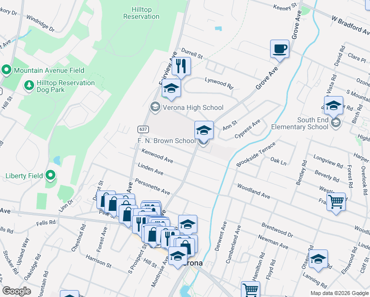 map of restaurants, bars, coffee shops, grocery stores, and more near 116 Franklin Street in Verona