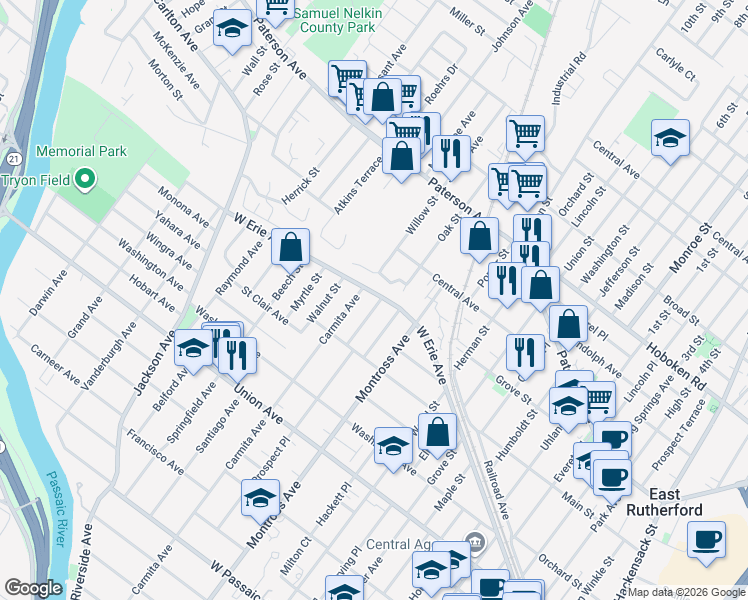 map of restaurants, bars, coffee shops, grocery stores, and more near 4 Courier Pl in Rutherford