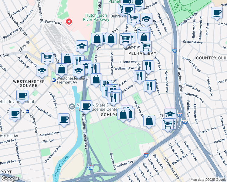 map of restaurants, bars, coffee shops, grocery stores, and more near 2826 Harrington Avenue in Bronx