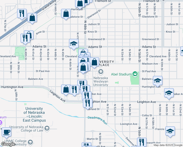 map of restaurants, bars, coffee shops, grocery stores, and more near 2641 North 49th Street in Lincoln