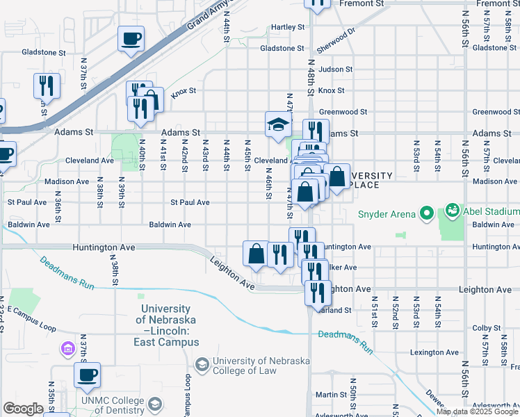 map of restaurants, bars, coffee shops, grocery stores, and more near 4519 Saint Paul Avenue in Lincoln