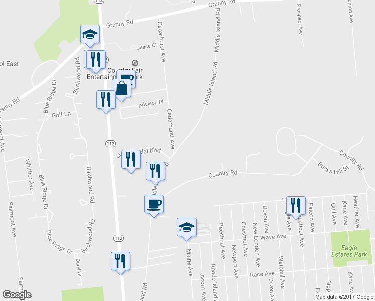 map of restaurants, bars, coffee shops, grocery stores, and more near 239 Middle Island Road in Medford