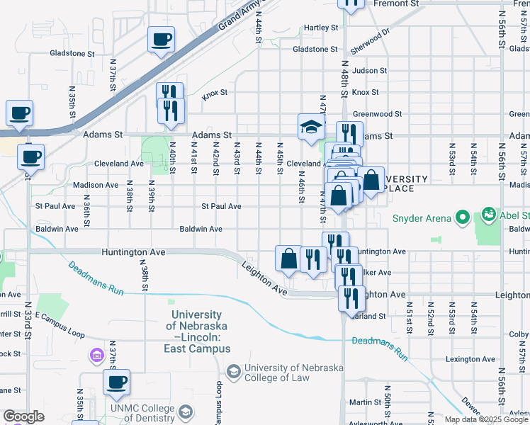 map of restaurants, bars, coffee shops, grocery stores, and more near 4411 Saint Paul Avenue in Lincoln