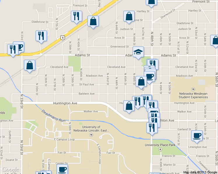 map of restaurants, bars, coffee shops, grocery stores, and more near 2636 North 43rd Street in Lincoln