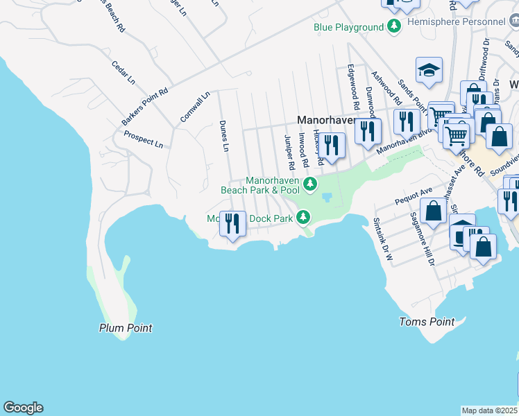 map of restaurants, bars, coffee shops, grocery stores, and more near 26 Marwood Road South in Port Washington