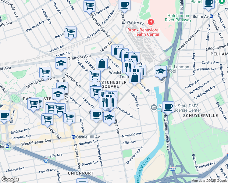 map of restaurants, bars, coffee shops, grocery stores, and more near 2475 Tratman Avenue in Bronx