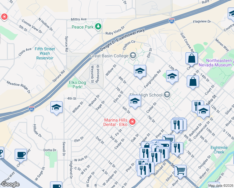 map of restaurants, bars, coffee shops, grocery stores, and more near 1376 6th Street in Elko