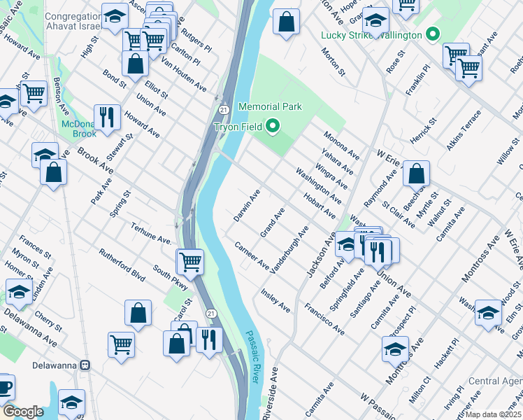 map of restaurants, bars, coffee shops, grocery stores, and more near 158 Grand Avenue in Rutherford