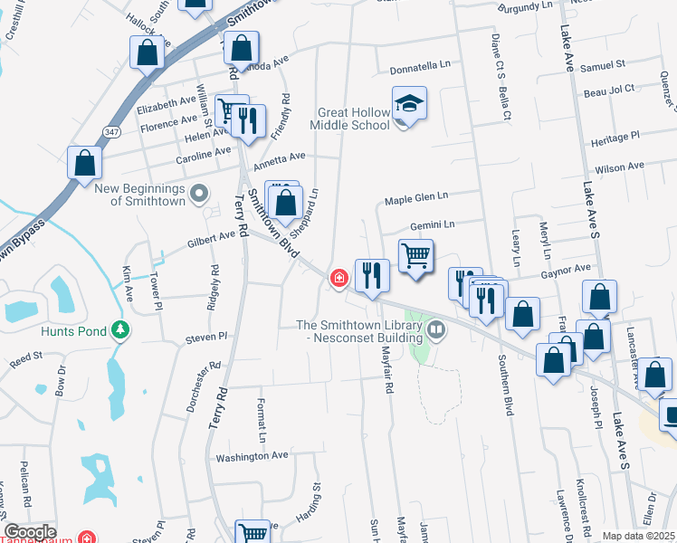 map of restaurants, bars, coffee shops, grocery stores, and more near 103 Smithtown Boulevard in Smithtown