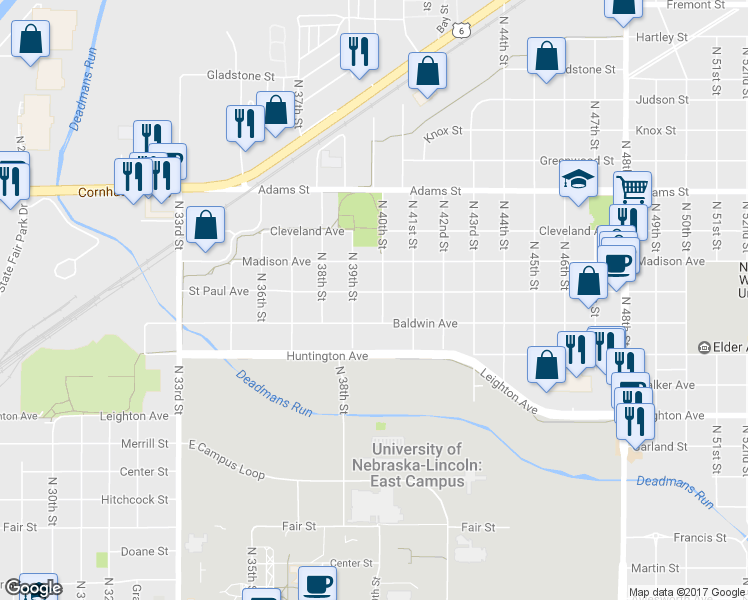 map of restaurants, bars, coffee shops, grocery stores, and more near 3935 Saint Paul Avenue in Lincoln