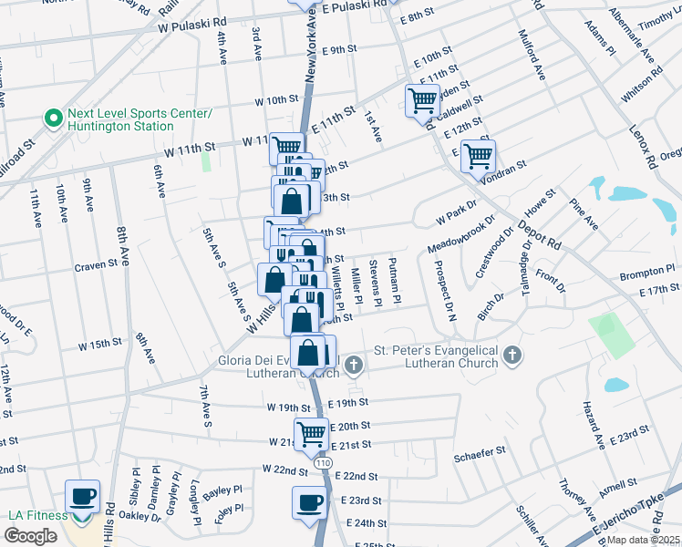 map of restaurants, bars, coffee shops, grocery stores, and more near 6 Willetts Place in Huntington Station