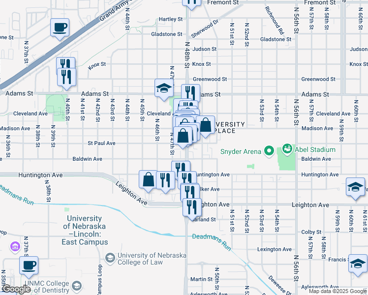 map of restaurants, bars, coffee shops, grocery stores, and more near 2639 North 48th Street in Lincoln