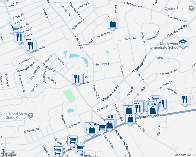 map of restaurants, bars, coffee shops, grocery stores, and more near 245 East 17th Street in Huntington Station