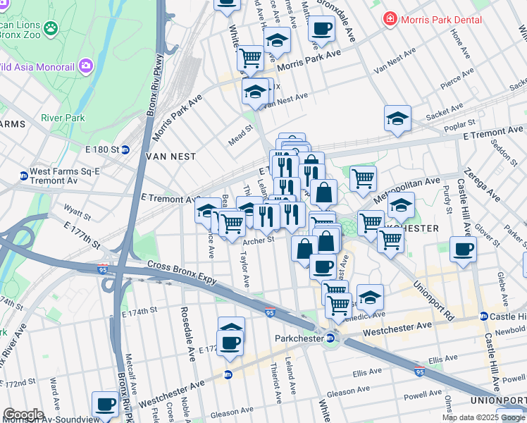 map of restaurants, bars, coffee shops, grocery stores, and more near 1542 Leland Avenue in The Bronx