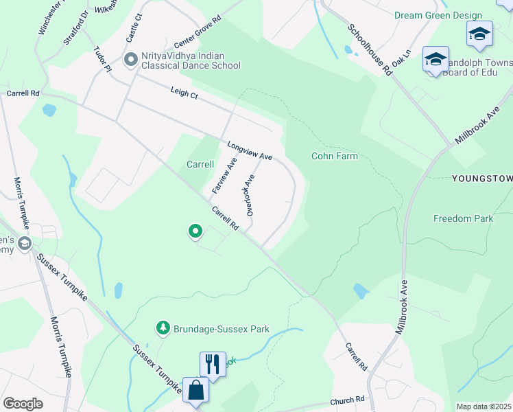 map of restaurants, bars, coffee shops, grocery stores, and more near 6 Overlook Avenue in Randolph