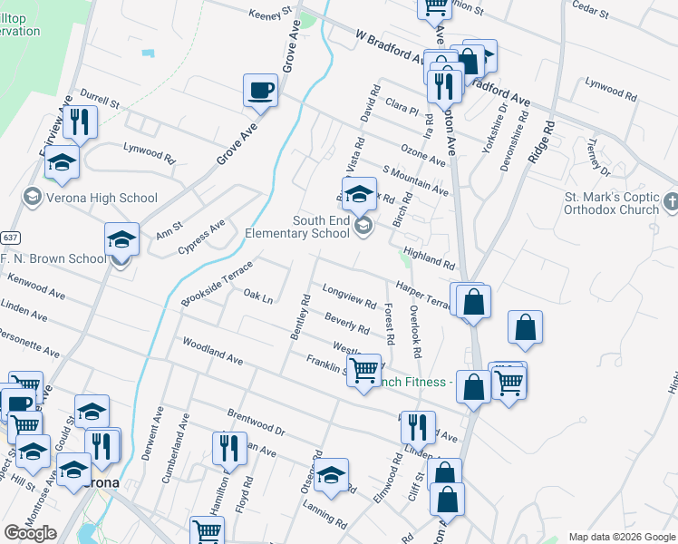 map of restaurants, bars, coffee shops, grocery stores, and more near 127 Harper Terrace in Cedar Grove