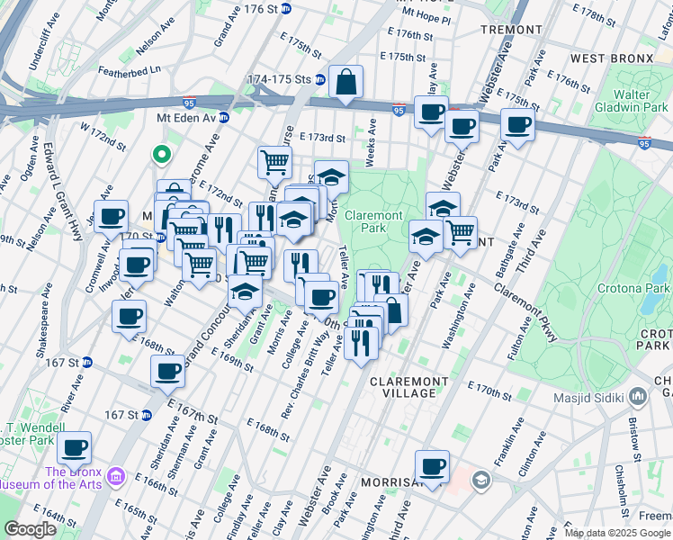 map of restaurants, bars, coffee shops, grocery stores, and more near 1464 College Avenue in Bronx