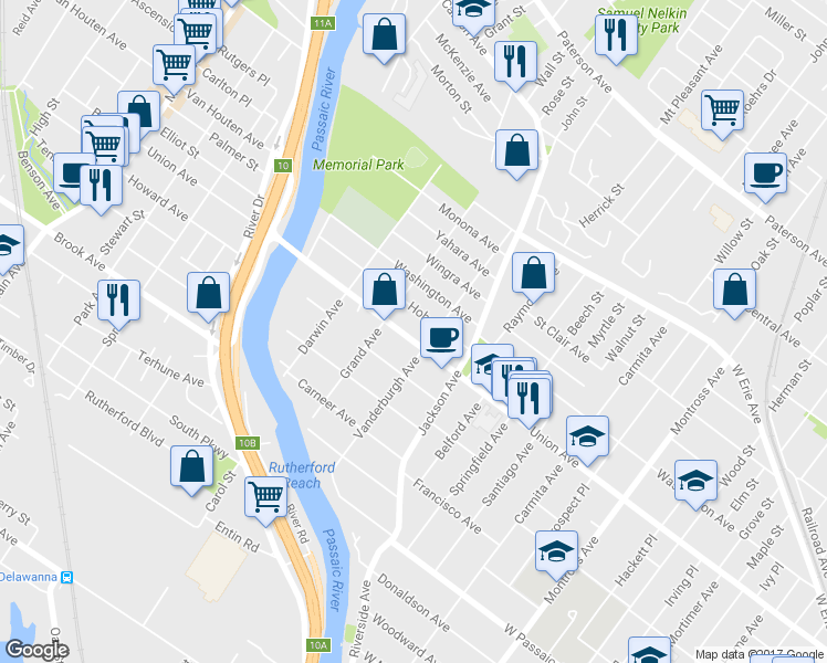 map of restaurants, bars, coffee shops, grocery stores, and more near 418 Union Ave in Rutherford