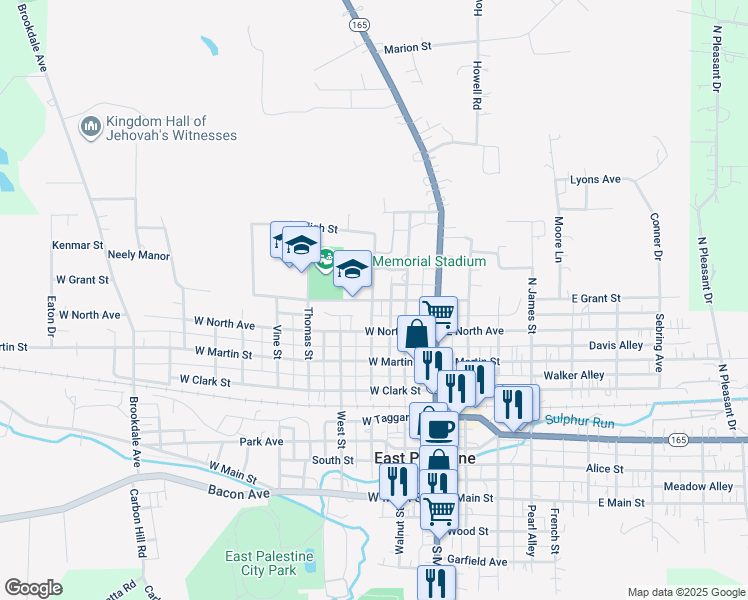 map of restaurants, bars, coffee shops, grocery stores, and more near 195 West Grant Street in East Palestine