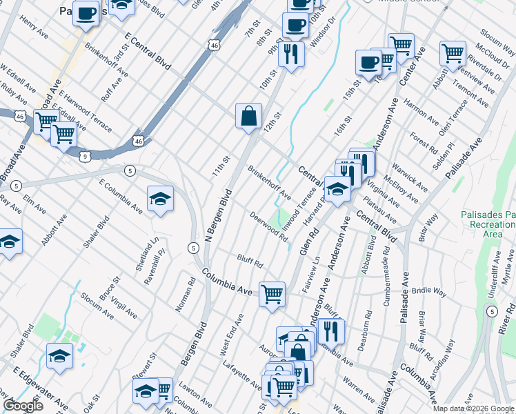 map of restaurants, bars, coffee shops, grocery stores, and more near 1105 Keswick Place in Fort Lee