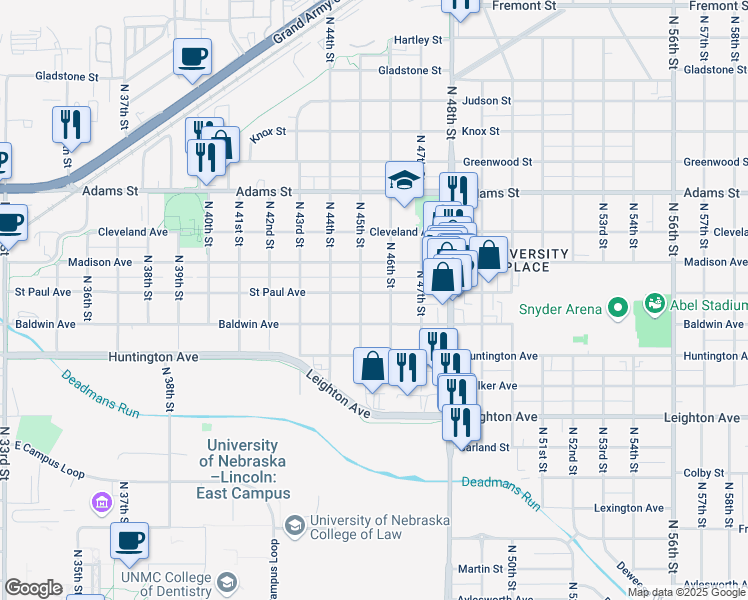map of restaurants, bars, coffee shops, grocery stores, and more near 4519 Saint Paul Avenue in Lincoln
