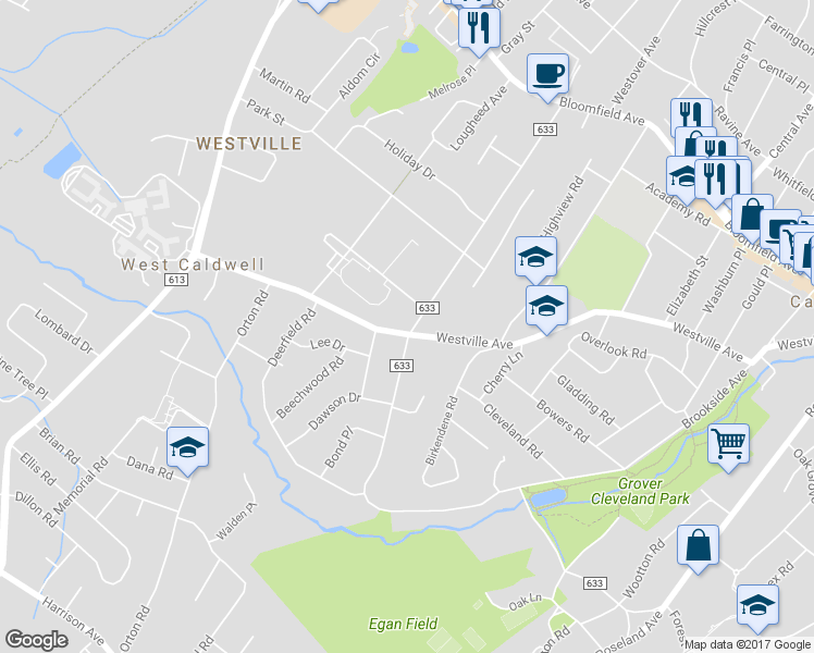 map of restaurants, bars, coffee shops, grocery stores, and more near 119 Lane Avenue in West Caldwell