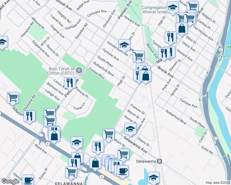 map of restaurants, bars, coffee shops, grocery stores, and more near 73 High Street in Clifton