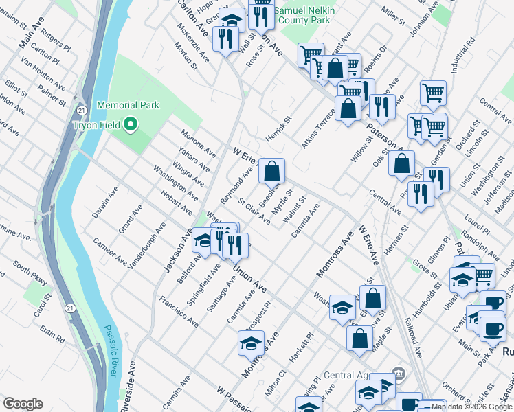map of restaurants, bars, coffee shops, grocery stores, and more near 50 Beech Street in Rutherford
