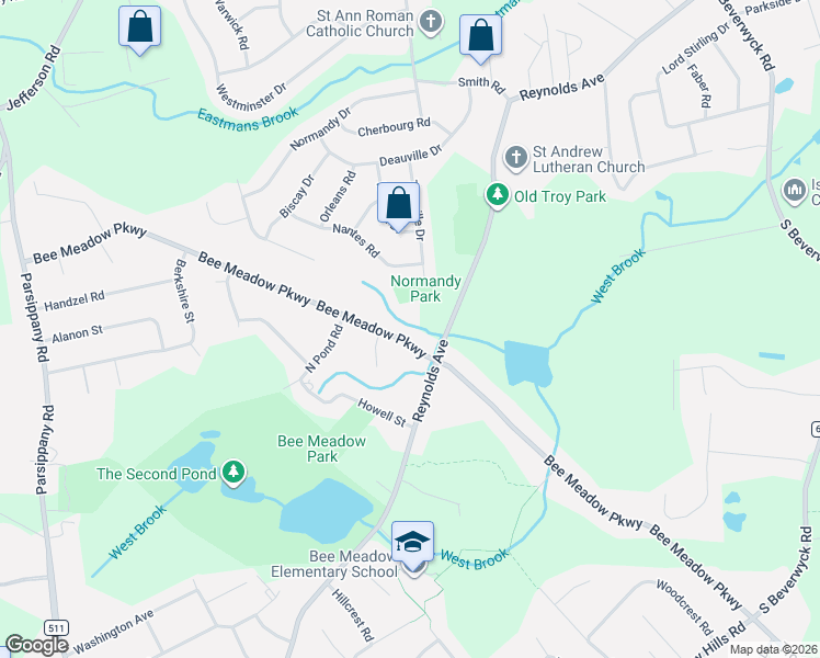 map of restaurants, bars, coffee shops, grocery stores, and more near 191 Bee Meadow Parkway in Morris County