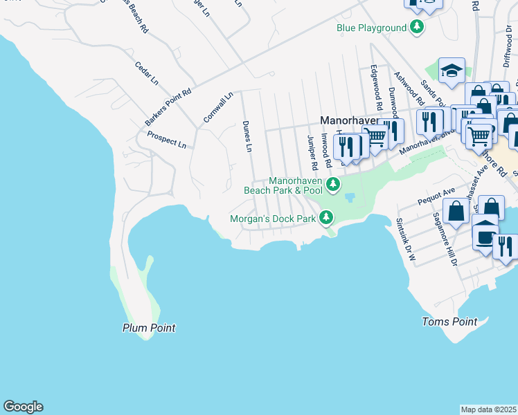 map of restaurants, bars, coffee shops, grocery stores, and more near 22 Oldwood Road South in Port Washington