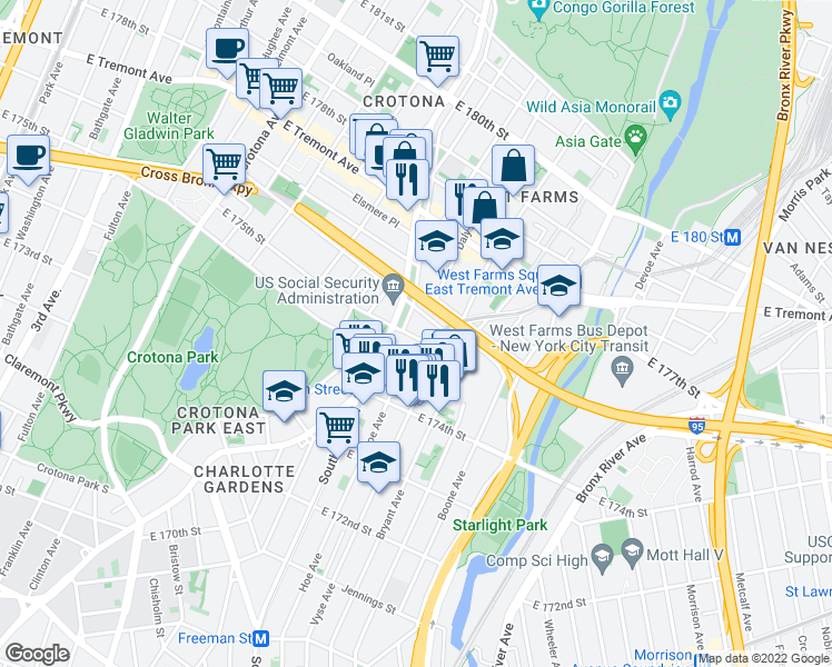 map of restaurants, bars, coffee shops, grocery stores, and more near 911 East 175th Street in Bronx