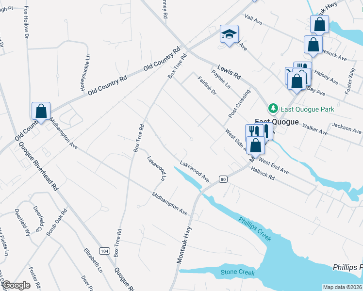 map of restaurants, bars, coffee shops, grocery stores, and more near 1 Elm Street in East Quogue