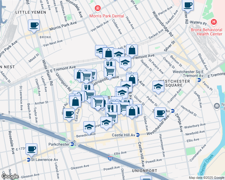 map of restaurants, bars, coffee shops, grocery stores, and more near 1585 Odell Street in Bronx
