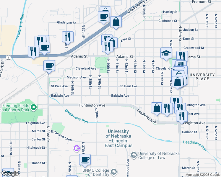 map of restaurants, bars, coffee shops, grocery stores, and more near 4011 Saint Paul Avenue in Lincoln