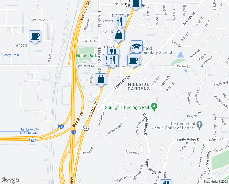 map of restaurants, bars, coffee shops, grocery stores, and more near 63 Hillside Garden Lane in North Salt Lake