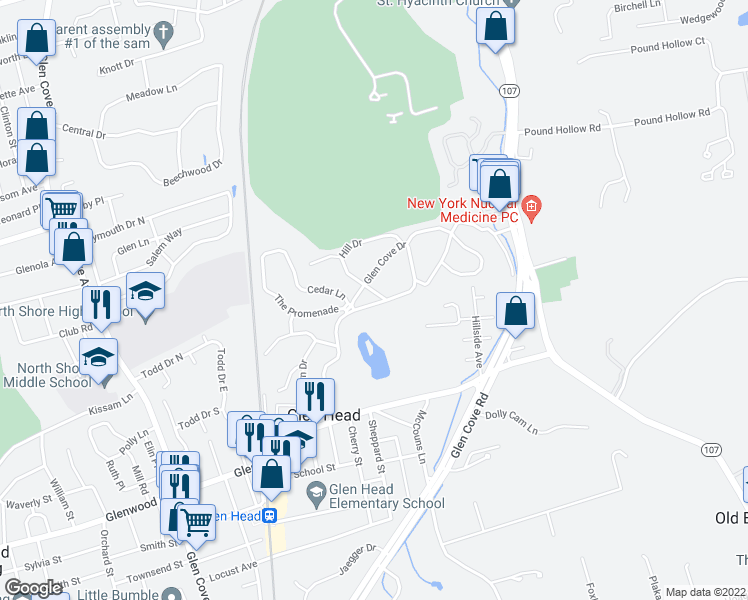 map of restaurants, bars, coffee shops, grocery stores, and more near 56 The Promenade in Glen Head
