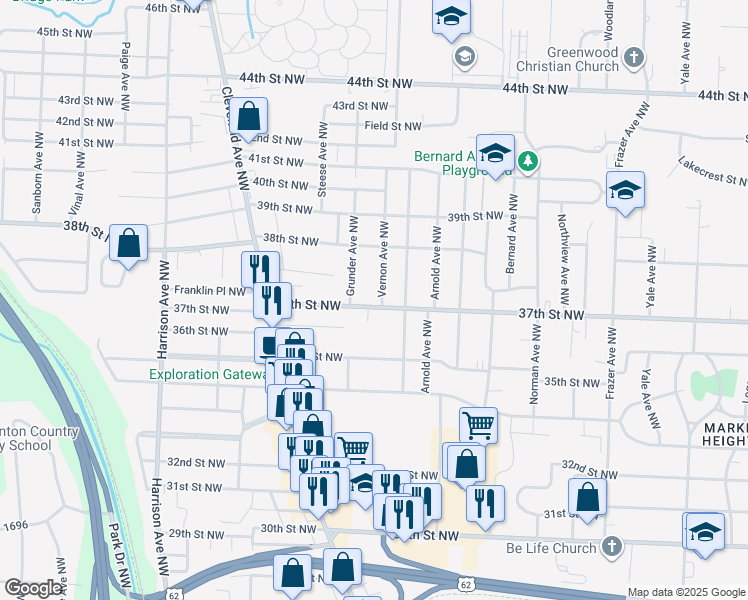 map of restaurants, bars, coffee shops, grocery stores, and more near 1405 37th Street Northwest in Canton