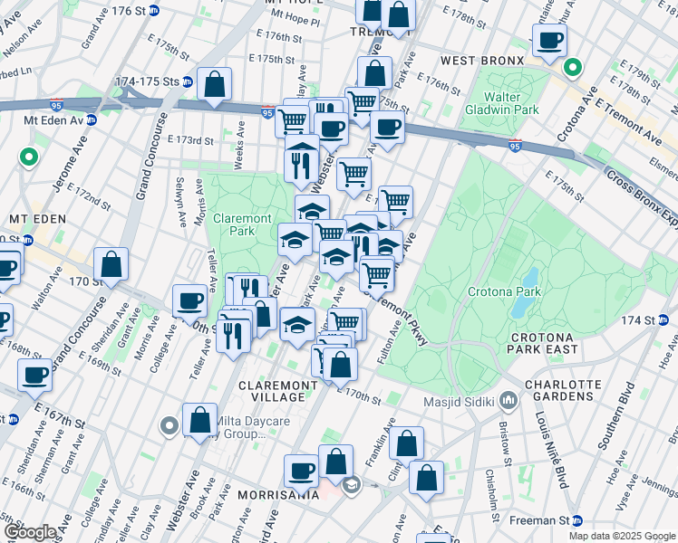 map of restaurants, bars, coffee shops, grocery stores, and more near 3840 Park Avenue in Bronx