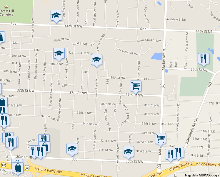 map of restaurants, bars, coffee shops, grocery stores, and more near 3718 Yale Ave NW in Canton