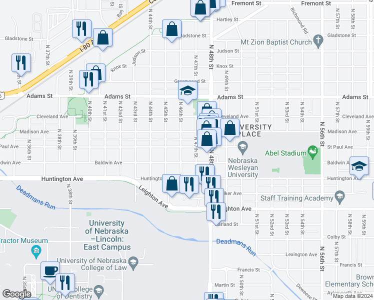 map of restaurants, bars, coffee shops, grocery stores, and more near 4623 Saint Paul Avenue in Lincoln